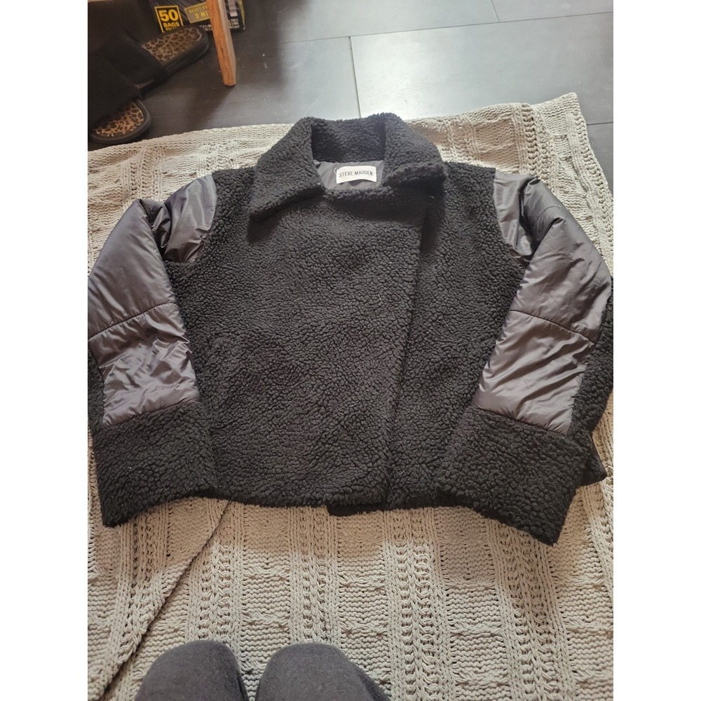 Steve Madden Black Fleece Jacket with Quilted Sleeves